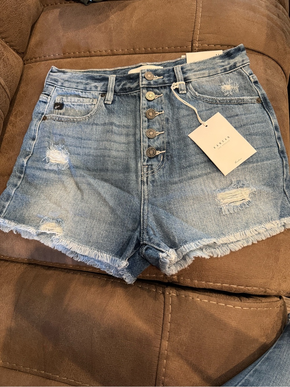 KanCan Light Blue Distressed Button-Fly Denim Shorts
